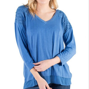 Eyeshadow large sweater embroidery shoulders mock layer blue lightweight top